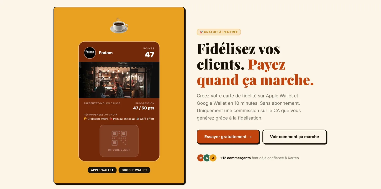 Aperçu de Karteo — plateforme SaaS de fidélité digitale (carte Apple & Google Wallet, QR code caisse, SMS automatiques).